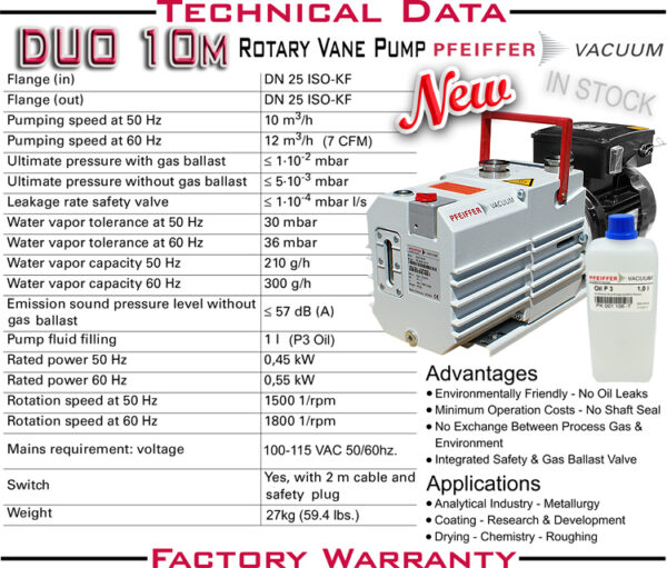 NEW Pfeiffer DUO 10M Dual Stage Rotary Vane Vacuum Pump